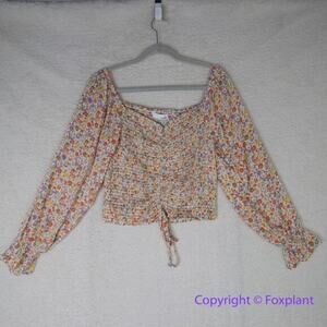 New! Heatherly floral print long sleeve smocked‎ tie front top, size M